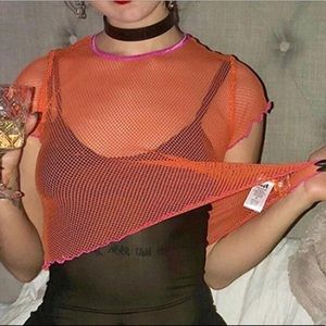 Orange fishnet/sheer crop top